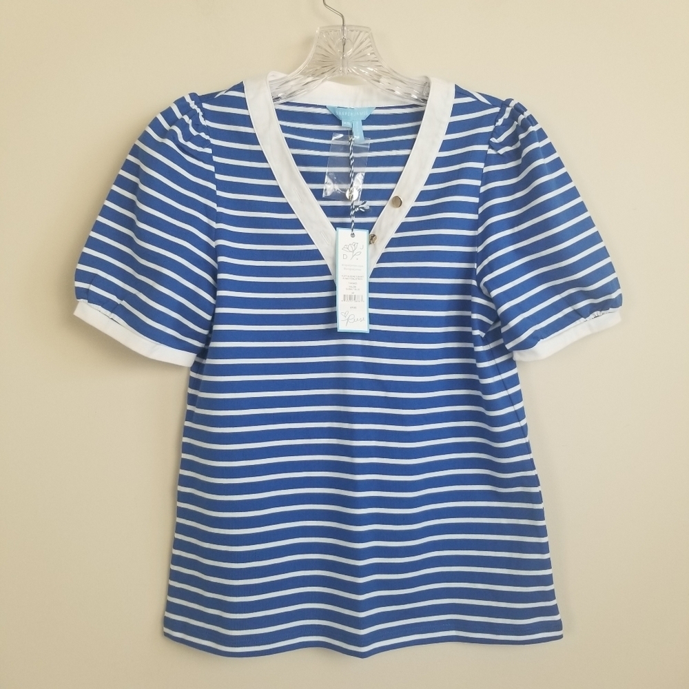 Draper James Puff Sleeve T-Shirt in Blue Nautical Stripe XS NWT - Picture 2 of 7